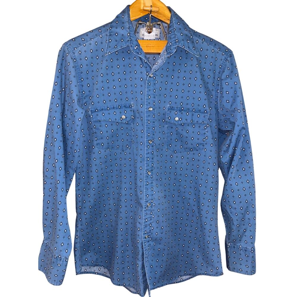 Vintage Wrangler Wrancher shirt blue geometric pearl snap long sleeve medium